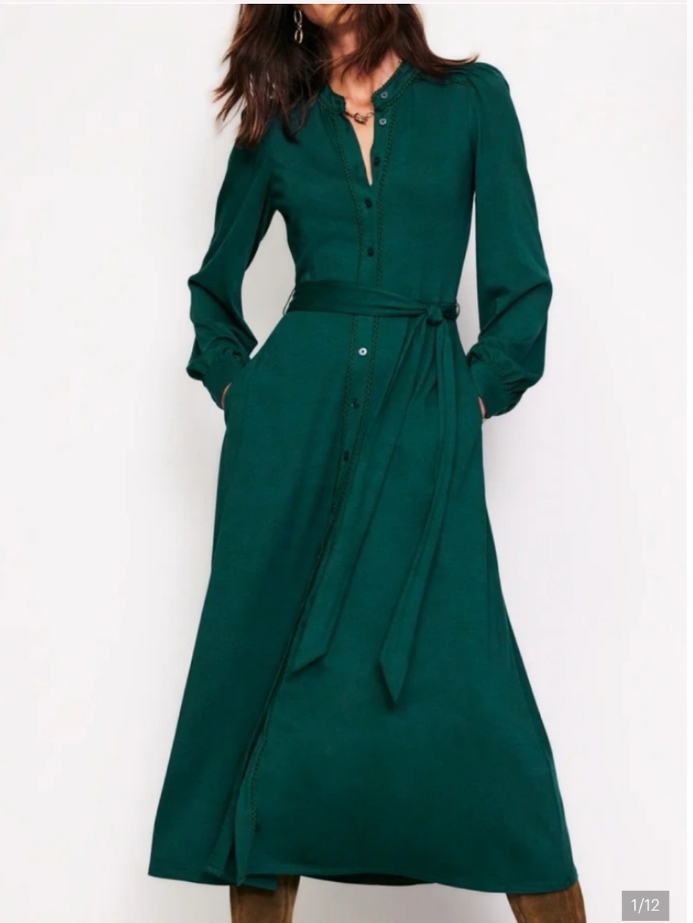 Boden Rowena Pin Tuck Shirt MIDI Dress Belted Long Sleeve Size 10R
